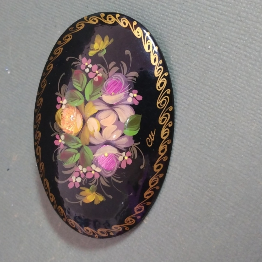 Vintage Russian Lacquer Wood Brooch Pin Artisan Signed